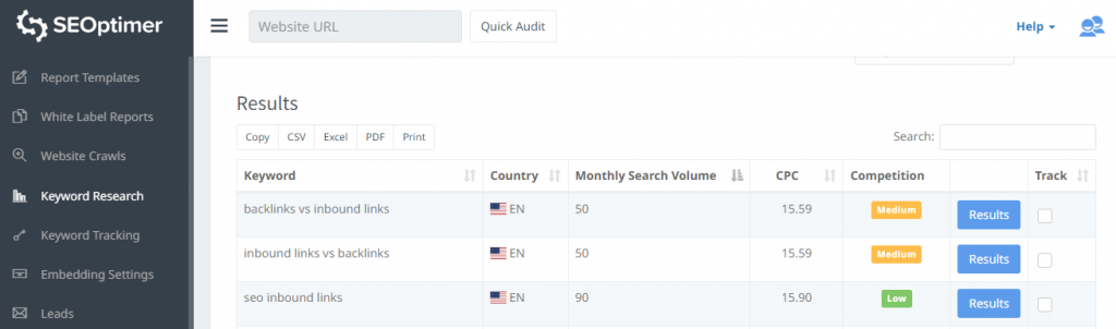 pesquisa de palavras-chave de links inbound